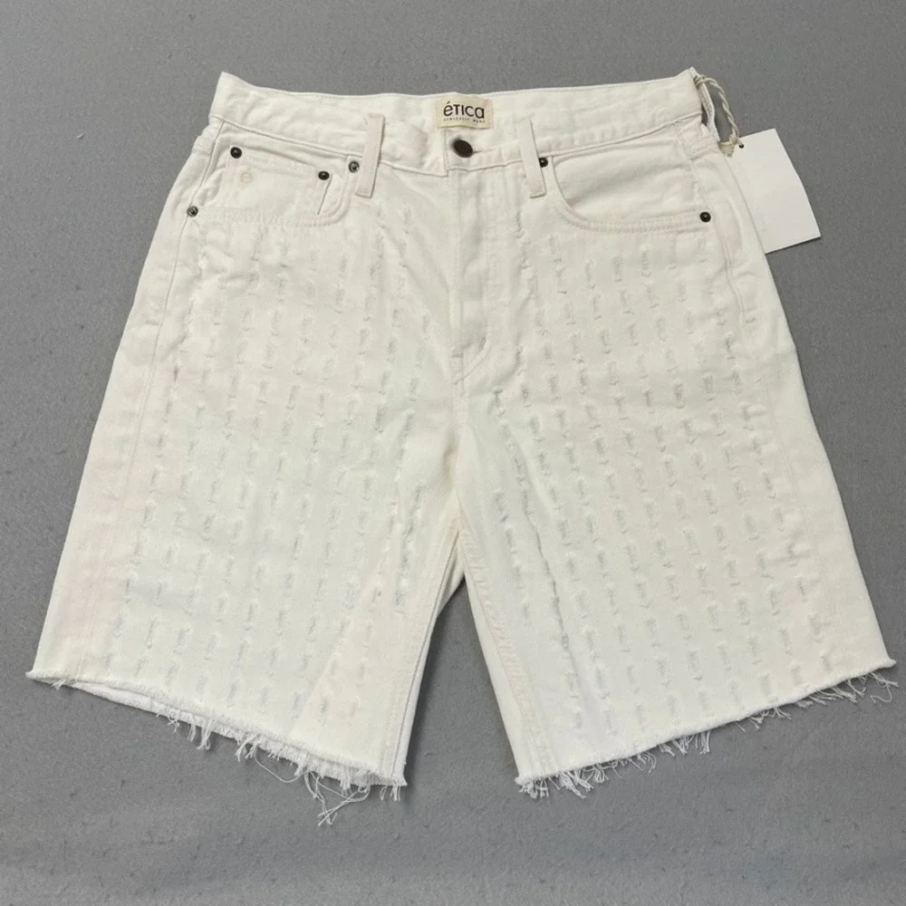 Etica Narin Relaxed Long Short Womens 27 4 White Laser Vortex Distressed New